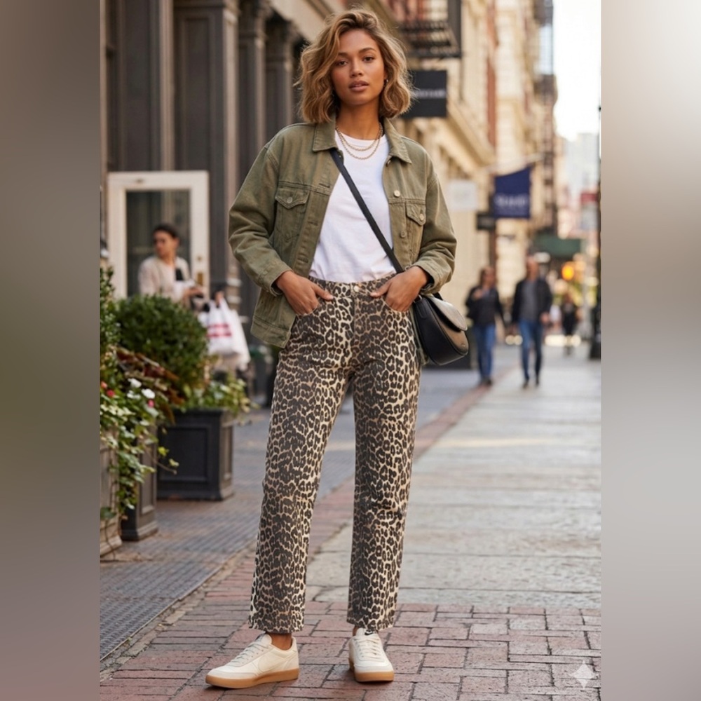 OAT New York Leopard Print High Rise Straight Leg Jeans Size 6/28